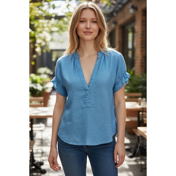 Pilcro Tops - Pilcro Women's Fitted XL SS Ruffle Linen Popover Blouse Blue EUC